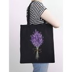 Cemira Siyah Kanvas Kalın Lavanta Tasarım Lavender, Tote Bag, Bez Çanta, Kanvas Çanta, Shopper Bag - 10D-Krem