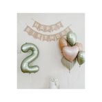 Çemrek Süs Parti Küf Yeşili 2 Yaş Folyo Balon Kraft Happy Birthday Banner ve Krem Yeşil Kalpli Folyo Balon Seti