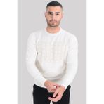Cengiz Inler Bisiklet Yaka Kare Desen Yünlü Erkek Triko Kazak - Ekru - 3XL