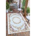 Çerçeveli Çiçek Desenli Baskılı Kaymaz Yıkanabilir Salon Oturma Odası Mutfak Antre Halısı Yolluk 160 X 250 Cm Mavi