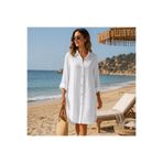 CESSTORE Kadın %100 Pamuk Beyaz Müslin Uzun Gömlek, Tunik, Plaj Elbisesi Rahat Kesim