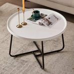 Ceviz ağacından modern sehpa, siyah metal çerçeveli, küçük oturma odaları için çok fonksiyonlu yuvarlak tasarım (Boyut: 80 x 46 cm, Renk: Beyaz)