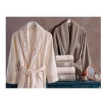 Çeyiz Diyarı Krem Bej Sarmaşık Pamuklu Bornoz Takımı