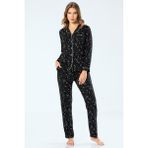 Ceyizalisverisi Siyah XL Türen Kadın Yıldızlı Uzun Kollu Gömlek Yaka Pijama Takım