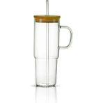 Çeyizde Bambu Kapaklı Pipetli 750 ml Cam Bardak - Beyaz - Şeffaf