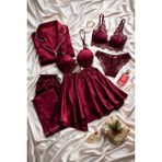 Çeyize Dair Herşey Satin Elegance Bordo 6’lı Dantel Gecelik & Pijama Seti