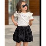 Cg Kids Everyday Baskılı Fırfır Kol Deyaylı Fitilli Basic Gül Işlemeli Siyah Balon Etek Kız Çocuk Alt Üst Takım - Siyah - Beyaz - 5 - 6 Yaş