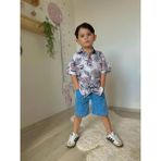 Cg Kids Yaprak Desenli Keten Gömlek Jean Kot Şort Erkek Çocuk Alt Üst Takım - Çok Renkli - 7 - 8 Yaş
