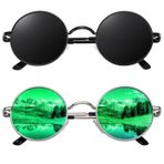 CGID John Lennon'dan esinlenilmiş küçük retro vintage güneş gözlüğü, polarize yuvarlak metal çerçeveli, kadınlar ve erkekler için, E01, 2'li paket, Gri + gümüş yeşil, S