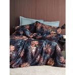 Chanson Dijital Baskılı Çift Kişilik Nevresim Takımı, 300 TC Pamuk Saten, 240x220 cm, 6 Parça, Çiçek Desenli, Lacivert-Somon
