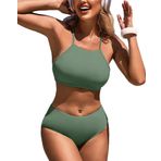 CharmLeaks Kadın Bikini Takımları Yüksek Yaka İki Parça Mayo Spor Mayo, 1i Asker Yeşili, M