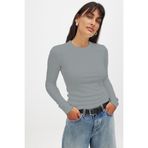 CHEISU Kadın Gri Uzun Kollu Bisiklet Yaka T-shirt Bluz Kaşkorse Fitilli