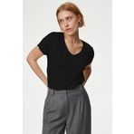 CHEISU Kadın Siyah Kısa Kol V Yaka Basic T-shirt %100 Pamuk Süprem