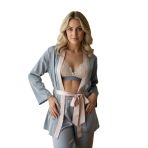 cherry queen Kadın Premium Saten Sabahlık ve Pijama Takımı – Gri Pudra, Dantelli Braletli 3’lü Set (L)