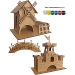 Chers Ahşap Maket 3'lü Set + Boya ve Fırça Hediyeli - Zorluk Seviyesi:3 Ahşap Maket 3'lü Set Kale, Yel Değirmeni, Köprü - Ahşap Desenli