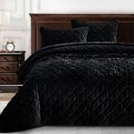 Chezmoi Collection Lüks Siyah Kadife Yorgan Büyük Boy Kral Seti, 3 Parça Peluş Eskitilmiş Kadife Yatak Tüm Sezon Hafif Yorgan Fırçalanmış Mikrofiber Ters Elmas Dikişli Kapitone