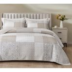 Chezmoi Collection Quinn 3 Parça Nötr Boz Kahverengi Gri Beyaz Çiçekli Hibiscus Çiçek Şeker Çizgili Patchwork Yorgan Seti - Önceden Yıkanmış Pamuklu Örtü - Hafif Ters Çevrilebilir Yatak Örtüsü, Queen