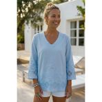 Chiccy Açık Mavi V Yaka 3/4 Kol Delikişi Nakışlı Casual Pamuklu Dokuma Bluz 65 60