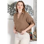 Chiccy Camel Gömlek Yaka Düğmeli 3/4 Kol Düğmeli Casual Müslin Dokuma Bluz
