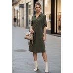 Chiccy Haki Gömlek Yaka Düğmeli Uzun Kollu Cepli Casual Kadife Dokuma Elbise 105 55