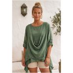 Chiccy Haki Yuvarlak Yaka 3/4 Kol İkili Set Casual Pamuklu Salaş Dokuma Bluz 80 63