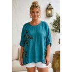 Chiccy İtalyan Petrol Mavisi Havuz Yaka 3/4 Kol Yıkamalı Aplikeli 100% Keten Oversize Dokuma Bluz 80 74