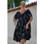 Chiccy İtalyan Siyah Havuz Yaka Kısa Kol Çiçekli Casual Oversize Dokuma Elbise 110 70