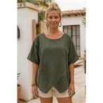 Chiccy Koyu Haki Havuz Yaka Kısa Kol Cepli Brodeli Asimetrik Keten Görünümlü Oversize Dokuma Bluz 75 67