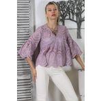 Chiccy Lila V Yaka Büzgülü Kol Bağlamalı Fistolu Dokuma Crop Fit Bluz