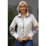Chiccy M10010200BL93422 Beyaz Gömlek Yaka Uzun Kol Düğmeli Nakışlı Normal Fit Klasik Pamuk Dokuma Bluz