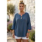 Chiccy Mavi Havuz Yaka Düğmeli 3/4 Kol Yıkamalı Casual Müslin Dokuma Bluz 70 65
