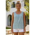 Chiccy Mint Havuz Yaka Kolsuz Düğmeli 3D Nakışlı Yıkamalı Casual Pamuklu Dokuma Bluz 68 55