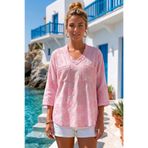 Chiccy Pembe V Yaka 3/4 Kol Pullu Cepli Brodeli Delikişi Nakışlı Casual Pamuklu Dokuma Bluz 71 55