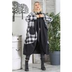 Chiccy Siyah-Beyaz Mendil Yaka Uzun Kol Ekose Çift Cepli Long Fit Dokuma Salaş Kaban