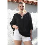 Chiccy Siyah Havuz Yaka Düğmeli 3/4 Kol Yıkamalı Casual Müslin Dokuma Bluz 70 70