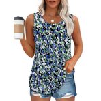 Chicrise Tank Top Mavi Beyaz Çiçek Deseni Yuvarlak Yaka Kolsuz Kadın Tunik