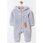 Chicsy Baby Kışlık Tatlı Peluş Tavşan Desenli Kapüşonlu Fermuarlı Bebek Tulum - Gri - 0-3 M