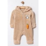 Chicsy Baby Kışlık Tatlı Peluş Tavşan Desenli Kapüşonlu Fermuarlı Bebek Tulum - Kahverengi - 3-6 M