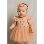 Chicsy Baby Kız Bebek Çiçek Nakışlı Tül Etekli Premium Elbise ve Taç Takımı - 9 - 12 Ay - Pembe