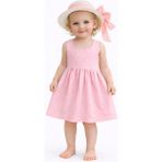 Chicsy Baby Tatlı Kız Bebek Yazlık Fiyonklu Şapkalı Pamuklu 2\'li Elbise - 12 - 18 Ay - Pembe