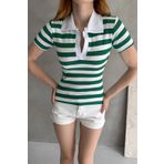 Chicup Aura Kadın Çizgili Yeşil Polo Yaka Fitilli Örme Bluz