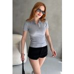 Chicup Kadın Gri Polo Yaka Fitilli Örme Bluz