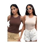 Chicup Kadın Kahve Krem Biyeli 2'li Paket Fitilli Örme Bluz