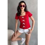 Chicup Kadın Kırmızı Fiyonklu Fitilli Örme Bluz