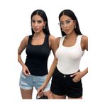 Chicup Kadın Siyah Beyaz Geniş Askılı 2'li Paket Fitilli Örme Bluz