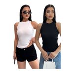Chicup Kadın Siyah Beyaz Halter Yaka 2'li Paket Fitilli Örme Bluz