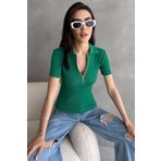 Chicup Kadın Yeşil Yarım Fermuarlı Polo Yaka Fitilli Örme Bluz
