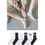 Chie Collection 6'lı Düz Desensiz ve Çember Desenli Unisex Çift Renk Siyah Beyaz Uzun Tenis Çorap Seti - 36 - 44 - Siyah - Beyaz