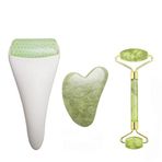 Chikoni 3'ü 1 arada Ficial Face Ice Jade Roller ve Gua Sha Aleti, %100 Doğal Gerçek Yeşim Kırışıklık Önleyici Yüz Göz Boyun Masaj Aleti, Kırışıklıkları, Şişkinlikleri, Migren, Kızarıklık, Ağrı ve Yaralanmayı Azaltır