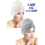 Chizgy 2 Adet Kalın Mikrofiber 2 Düğmeli Saç Havlusu Saç Bonesi Banyo Deniz ve Havuz Sonrası Plaj - Gri - Ekru